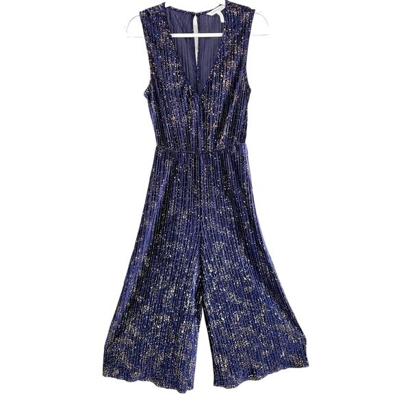 BCBGeneration Culotte Navy Blue & Gold Flake Sleeveless Pleated Knit Jumpsuit SM - Picture 2 of 11